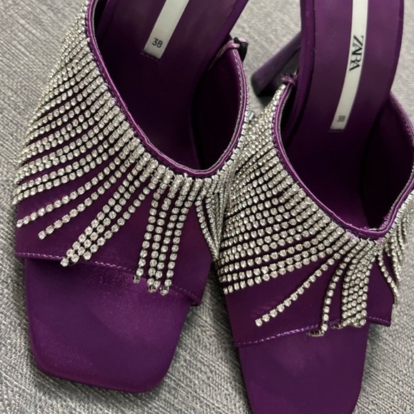 NWT. Zara Purple Sparkly Heeled Sandals with Rhinestone Fringe. Size 6,5. - Picture 3 of 8